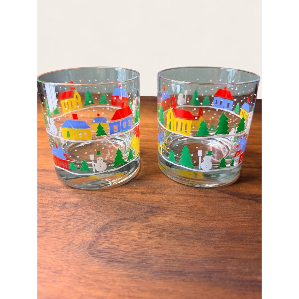 Vintage Christmas Winter Village Snowman Rocks Glasses Set of 2 Holiday Barware